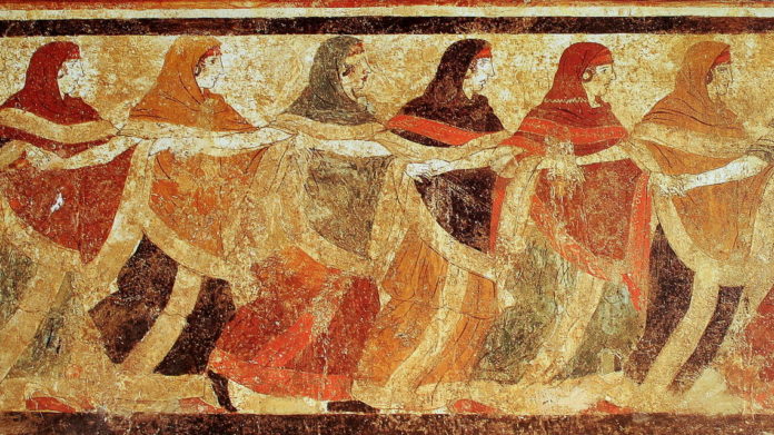 Danzatrici, affresco su una tomba da Ruvo di Puglia. Museo archeologico nazionale di Napoli - via Wikimedia Commons guerriero fantasma danzatrici Ruvo di Puglia